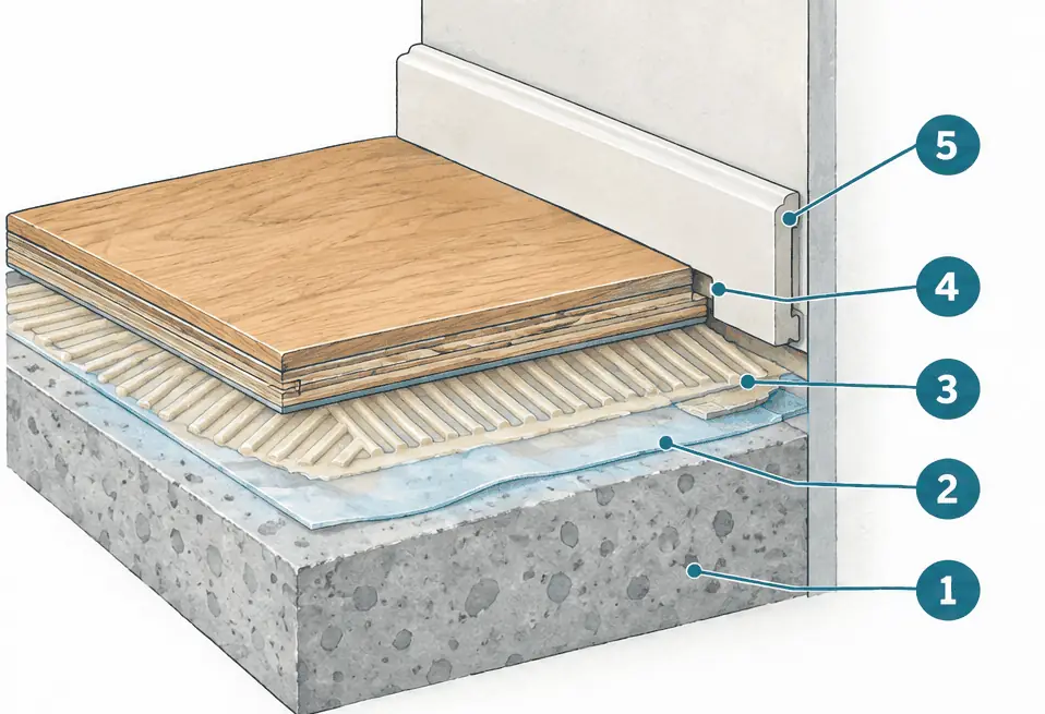 Diagram: cross-section of an engineered hardwood plank glued with a moisture barrier to a concrete slab, showing the wear layer, plywood core and adhesive