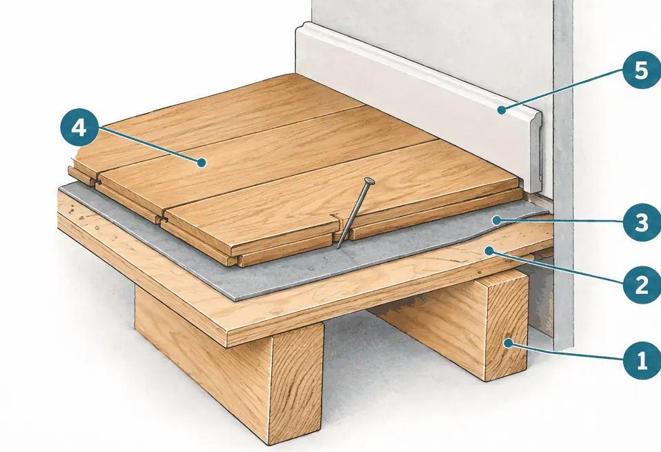 Diagram: cross-section of a solid hardwood floor nailed to a plywood subfloor over joists, with felt paper, tongue-and-groove boards, and a finish on top